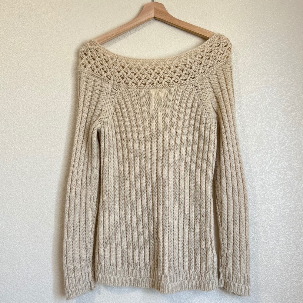 Y2K LOFT Mohair Blend Knit Sweater Beige Scoop Off Shoulder Size S Pointelle - Picture 2 of 9